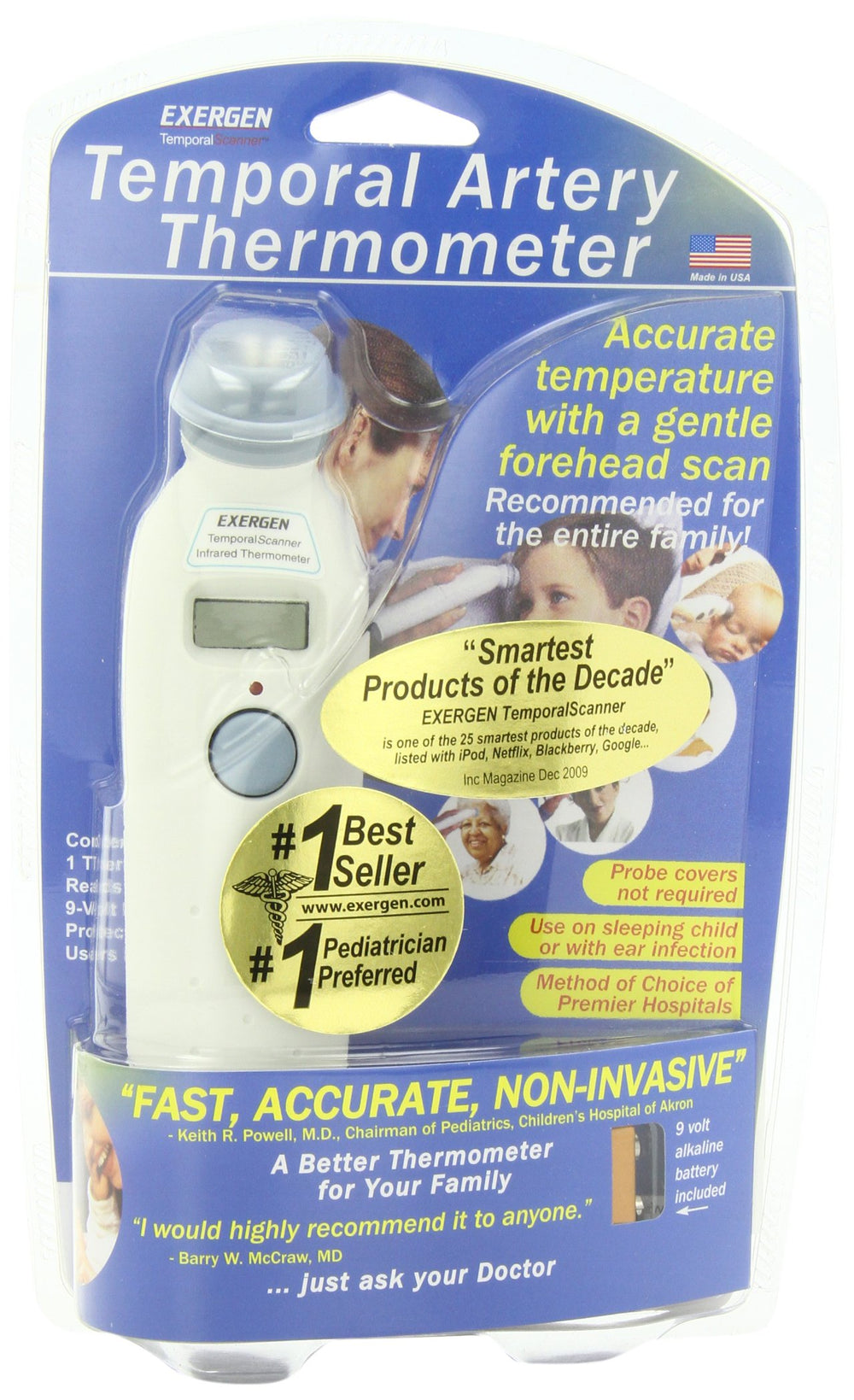Exergen temporal scanner thermometer front view for quick, non-invasive temperature checks.