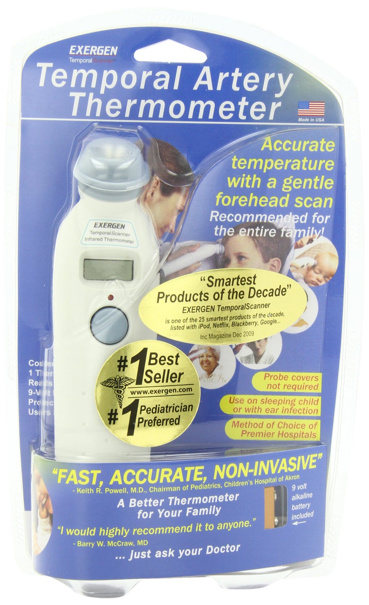 Exergen temporal scanner thermometer front view for quick, non-invasive temperature checks.