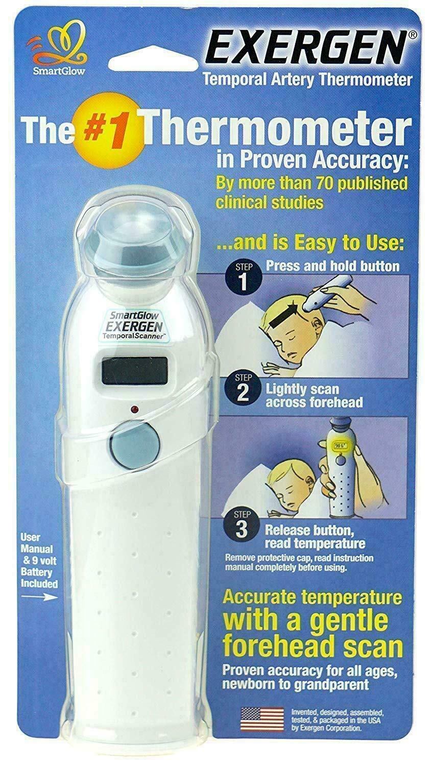 Exergen Temporal Thermometer performs forehead scan for quick temperature reading.