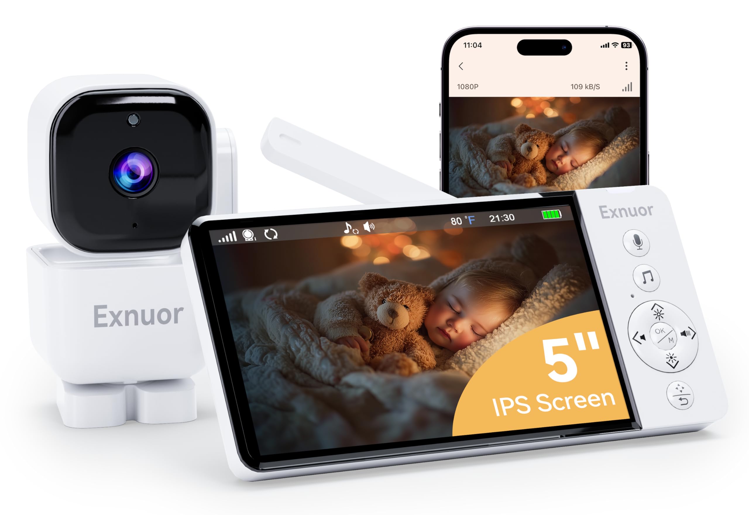 Exnuor baby monitor 5in display delivers crisp day and night visibility for peace of mind.