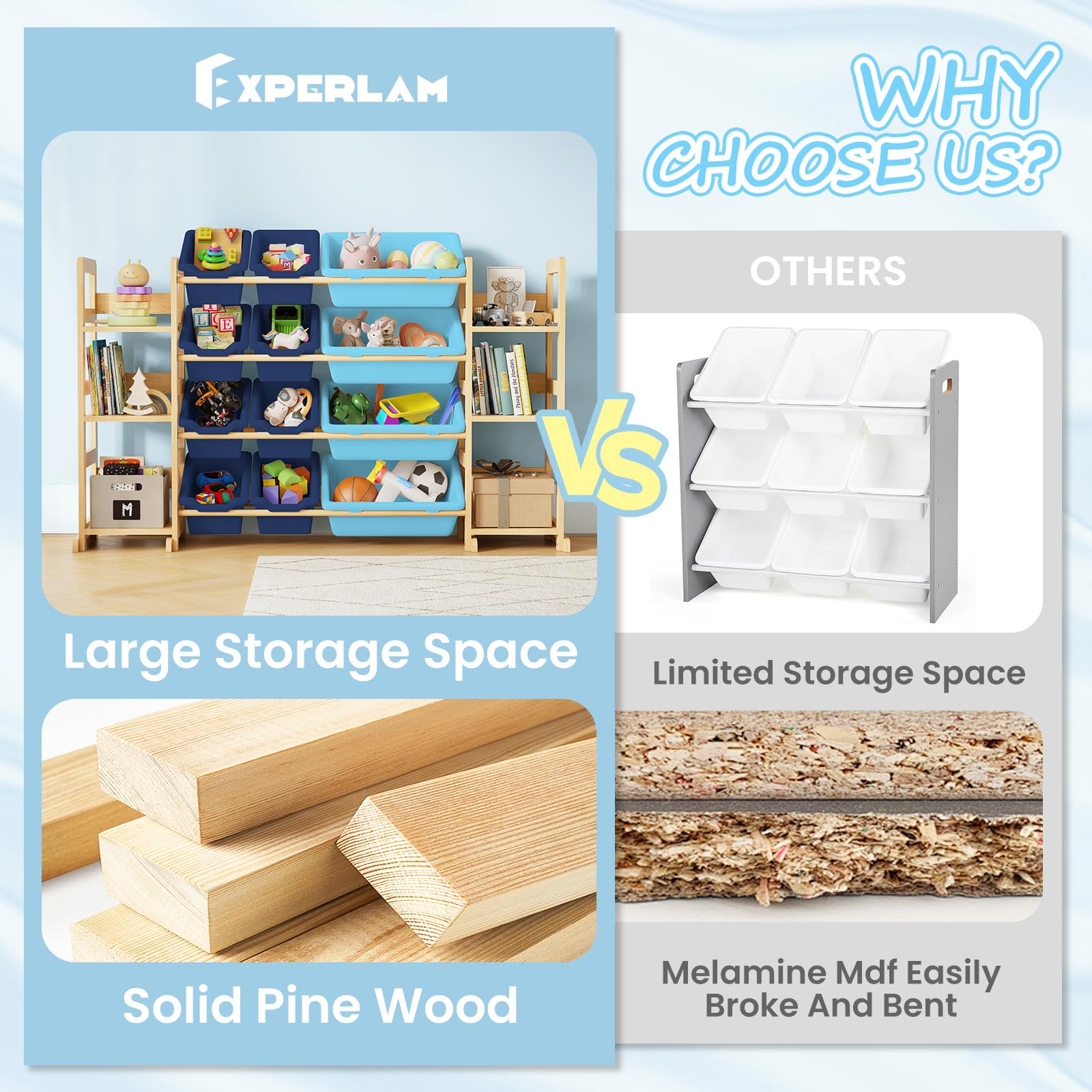 EXPERLAM adjustable side shelves positions to fit tall books or small toys.