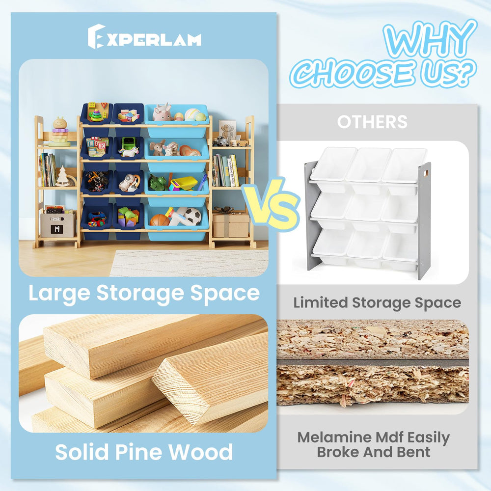 EXPERLAM adjustable side shelves positions to fit tall books or small toys.