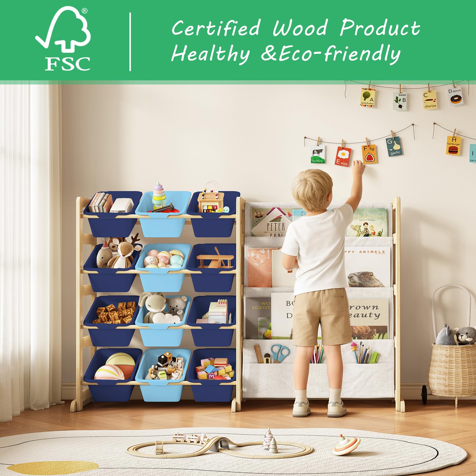 EXPERLAM bookshelf made of pine highlights sturdy wood construction for kid-friendly storage.