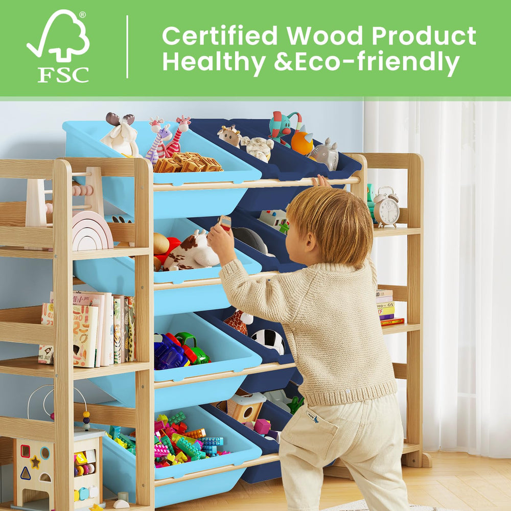 EXPERLAM dual-sized bins help classify toys and books for easy cleanup.