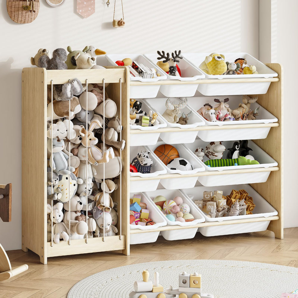 EXPERLAM Kids Toy Storage Organizer front view shows sturdy pine frame and white bins for durability