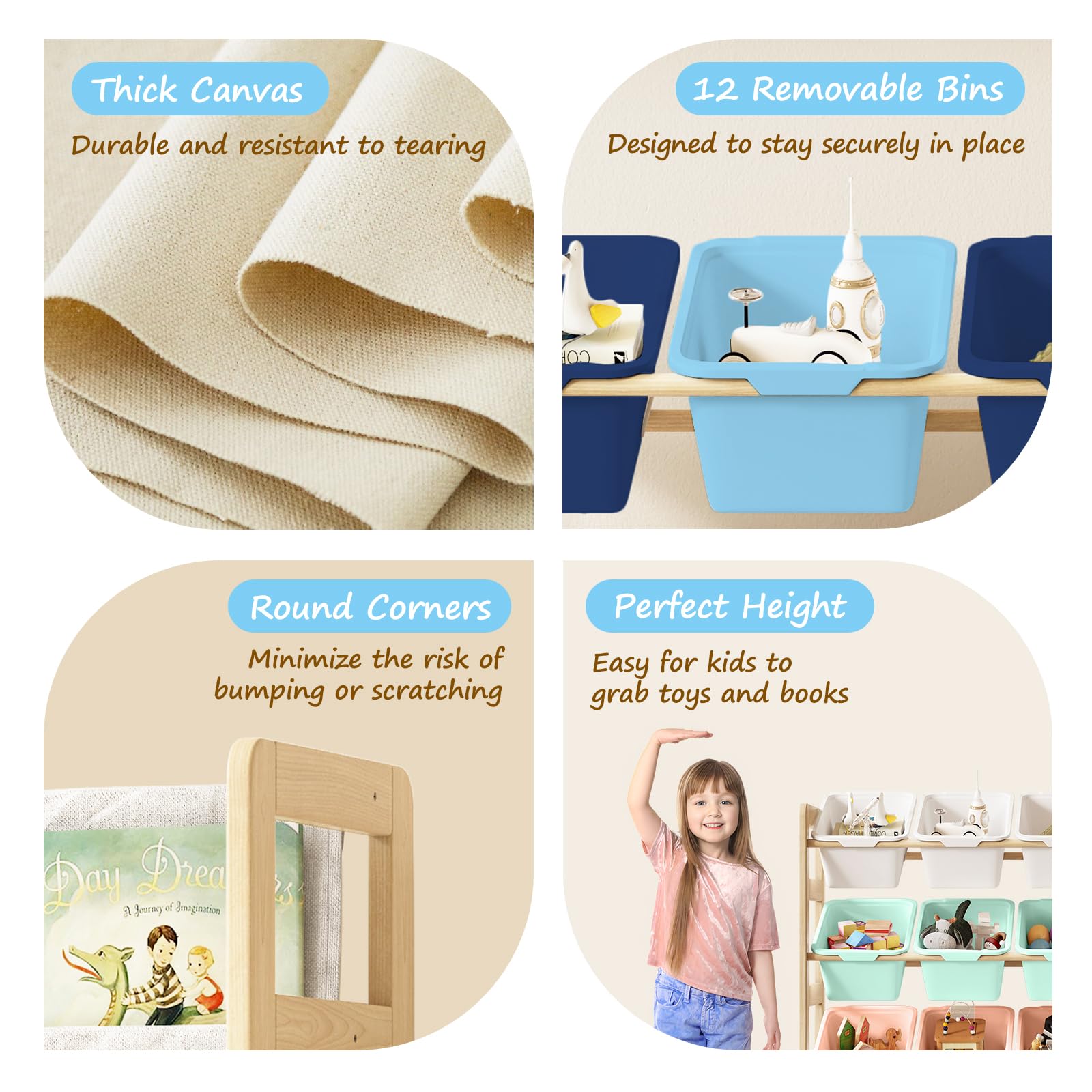 EXPERLAM pine-wood poles provide stable shelving for books and toys.