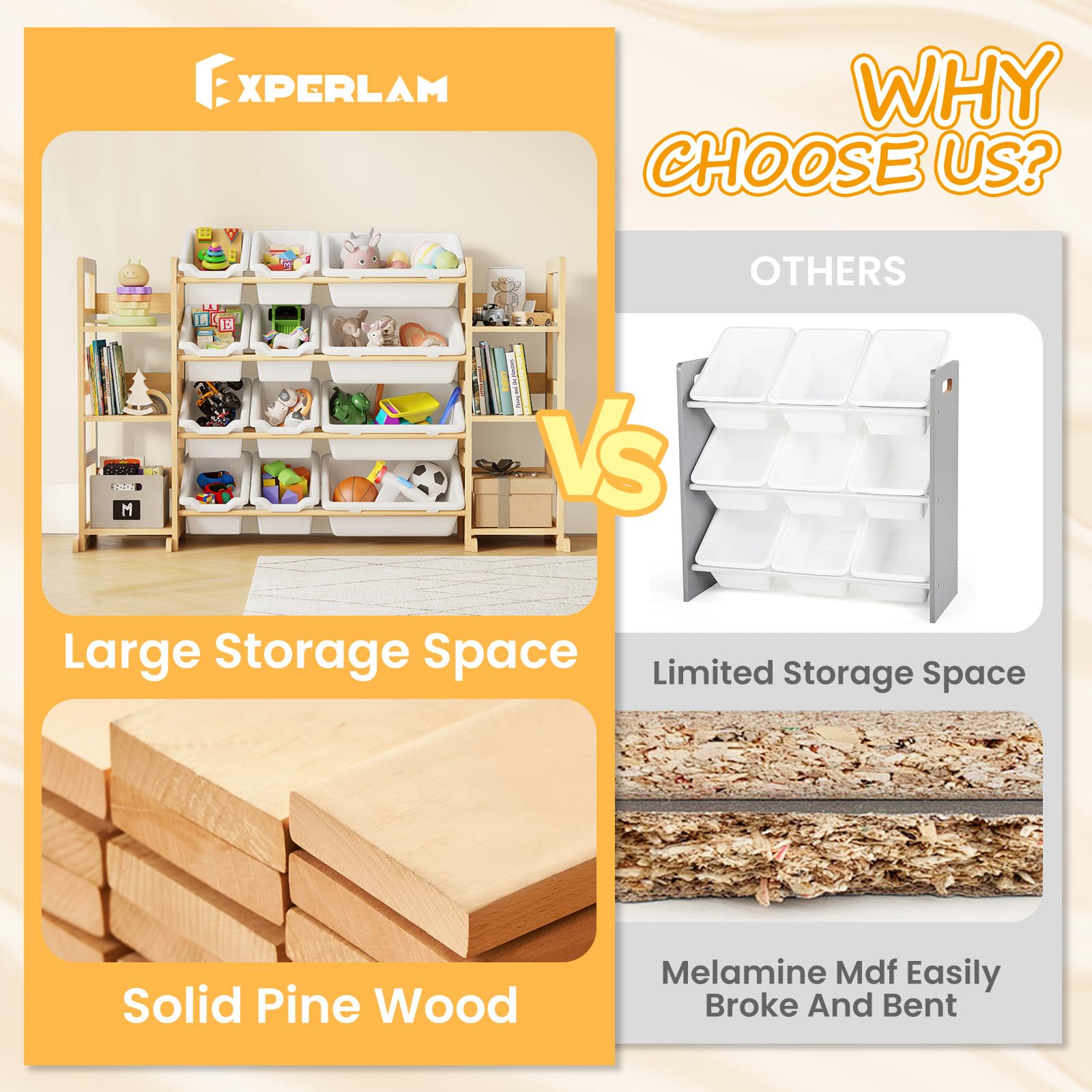 EXPERLAM 42-inch wide toy shelf with multiple levels showing expansive capacity for books and toys.