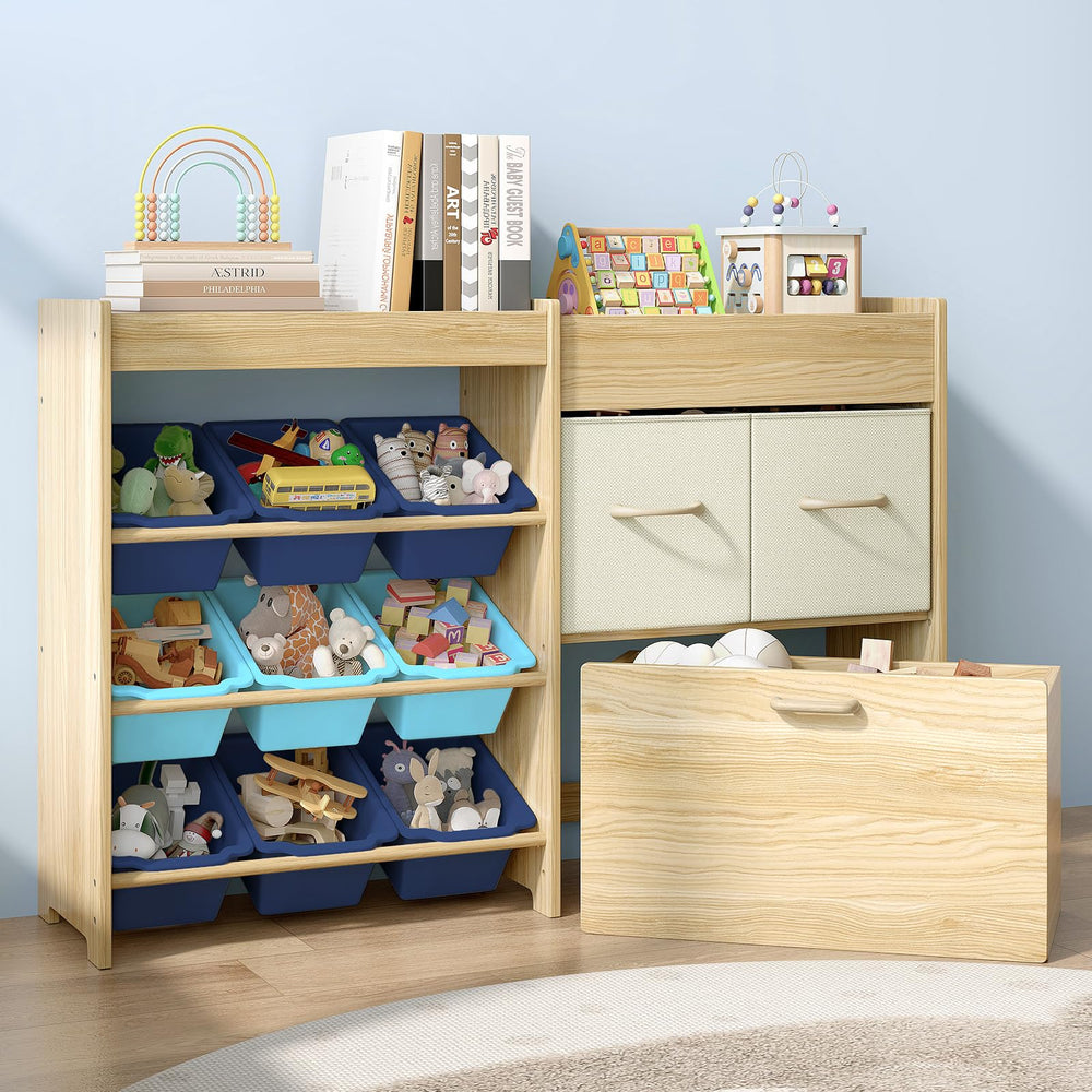 EXPERLAM toy storage 9-bin blue front view shows tidy playroom storage
