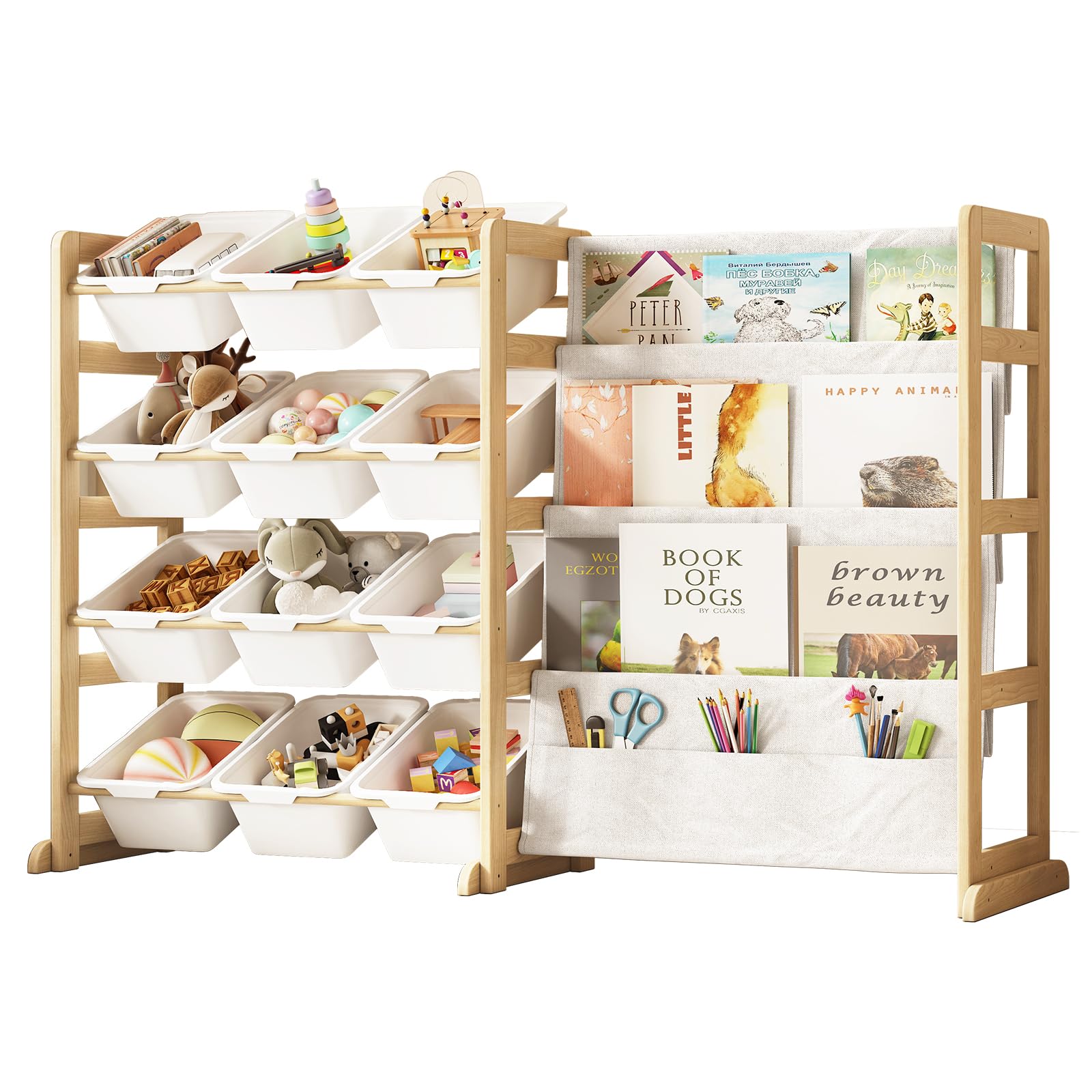 EXPERLAM toy storage organizer with 12 white bins, promoting easy cleanup and visibility