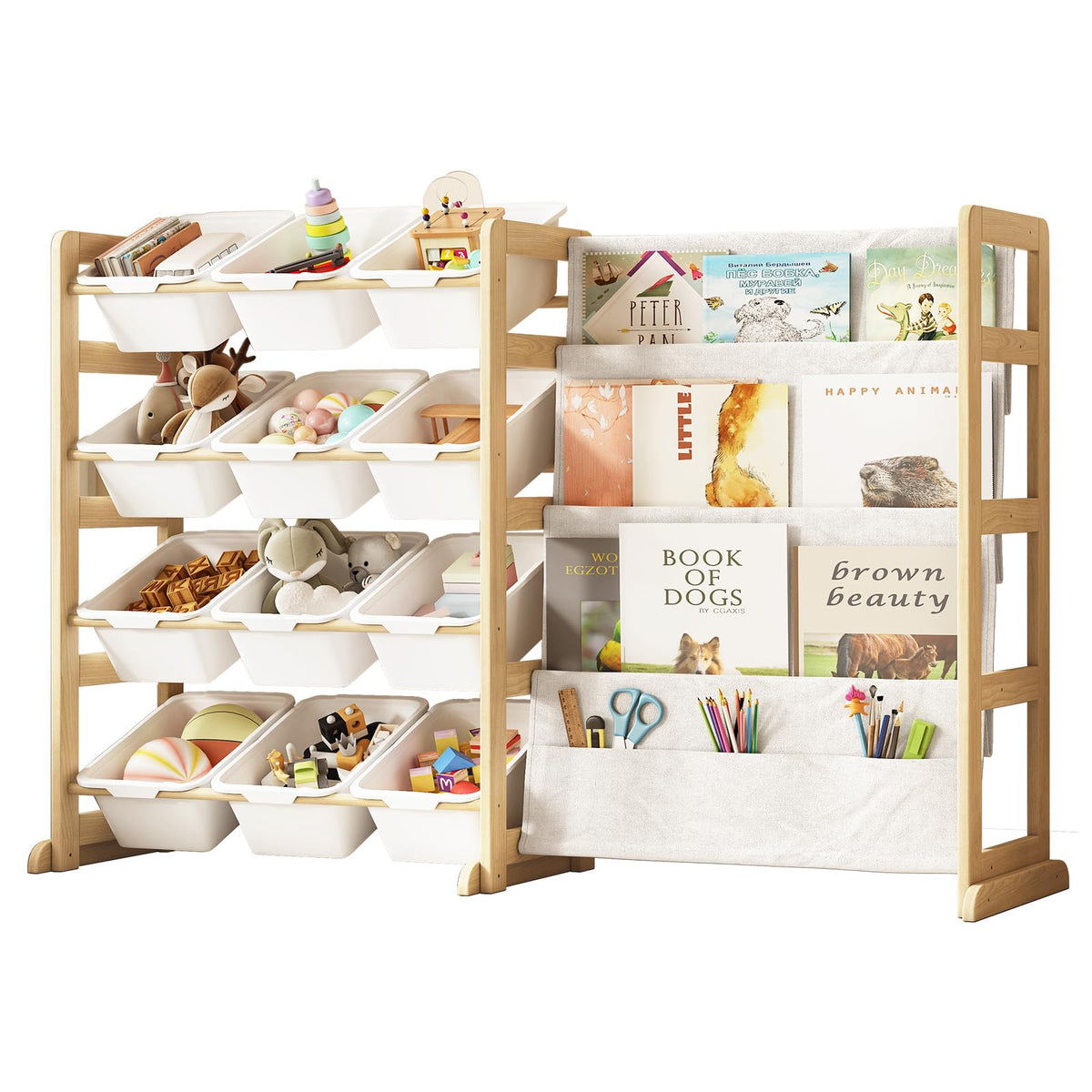 EXPERLAM toy storage organizer with 12 white bins, promoting easy cleanup and visibility