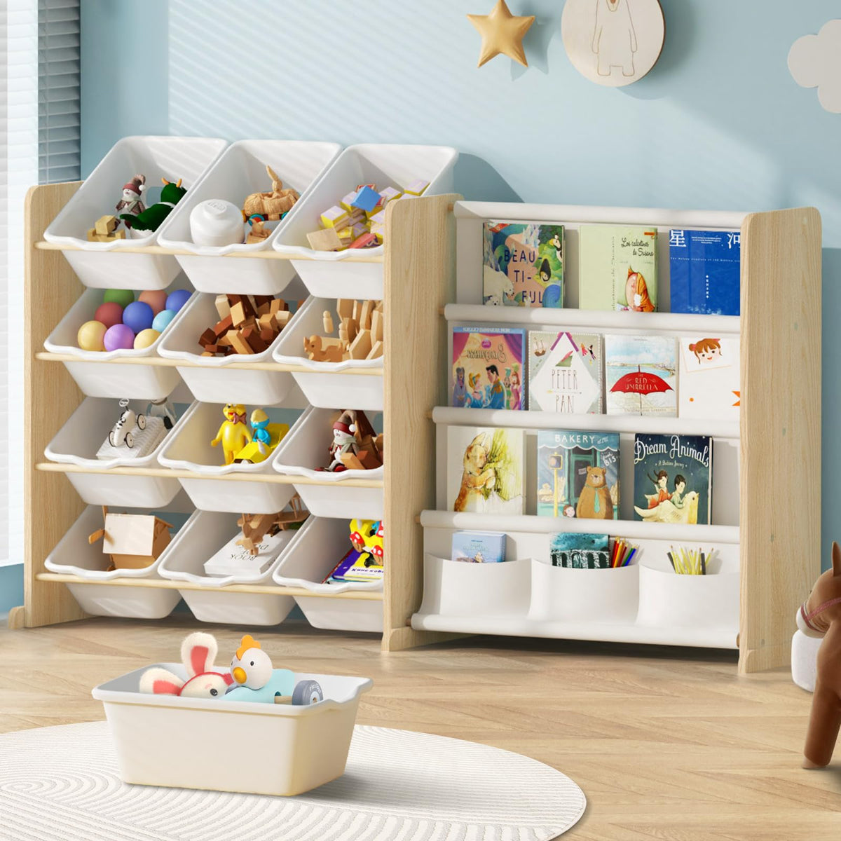 EXPERLAM toy storage organizer with 12 bins and 4 shelves keeps play area organized