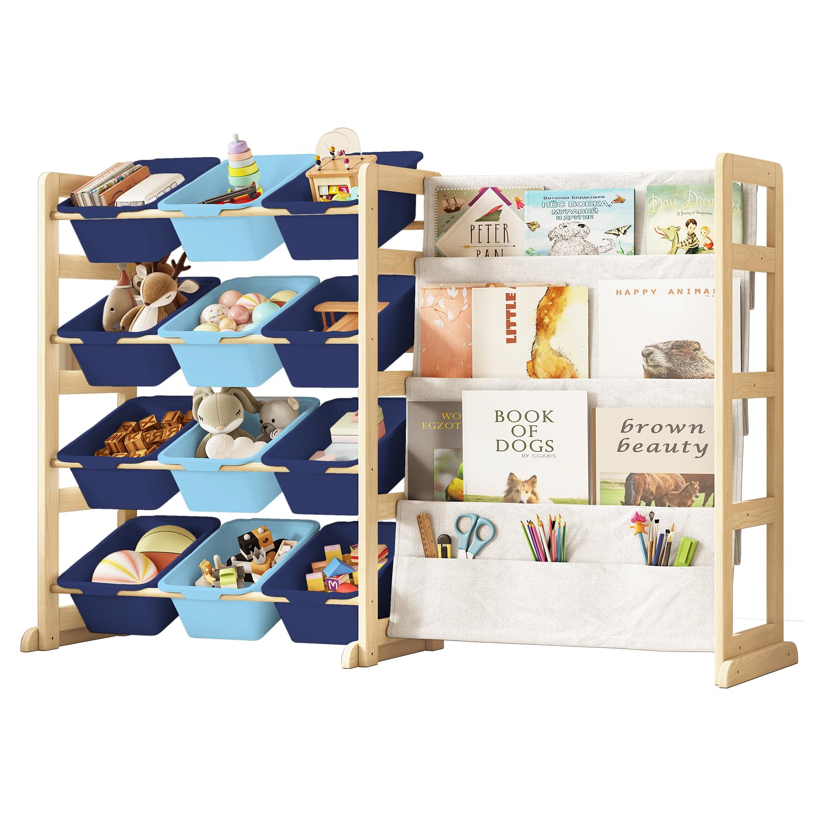 EXPERLAM toy storage organizer with 12 bins in blue keeps playroom tidy and accessible.