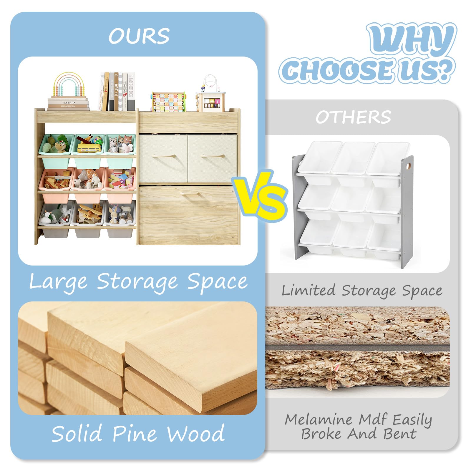 EXPERLAM toy storage organizer solid pine wood construction ensures durable, safe storage