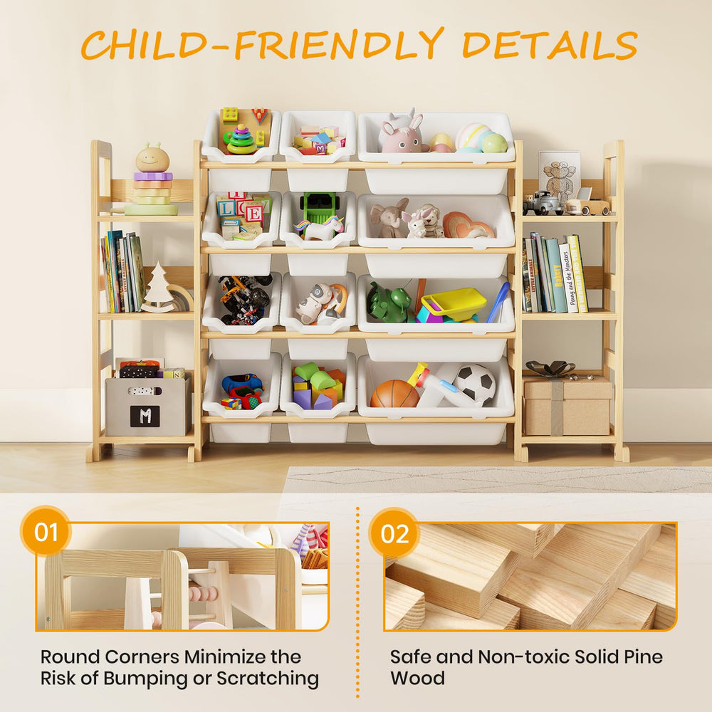 EXPERLAM white storage bins on natural wood frame provide modern, stylish toy storage for living rooms.
