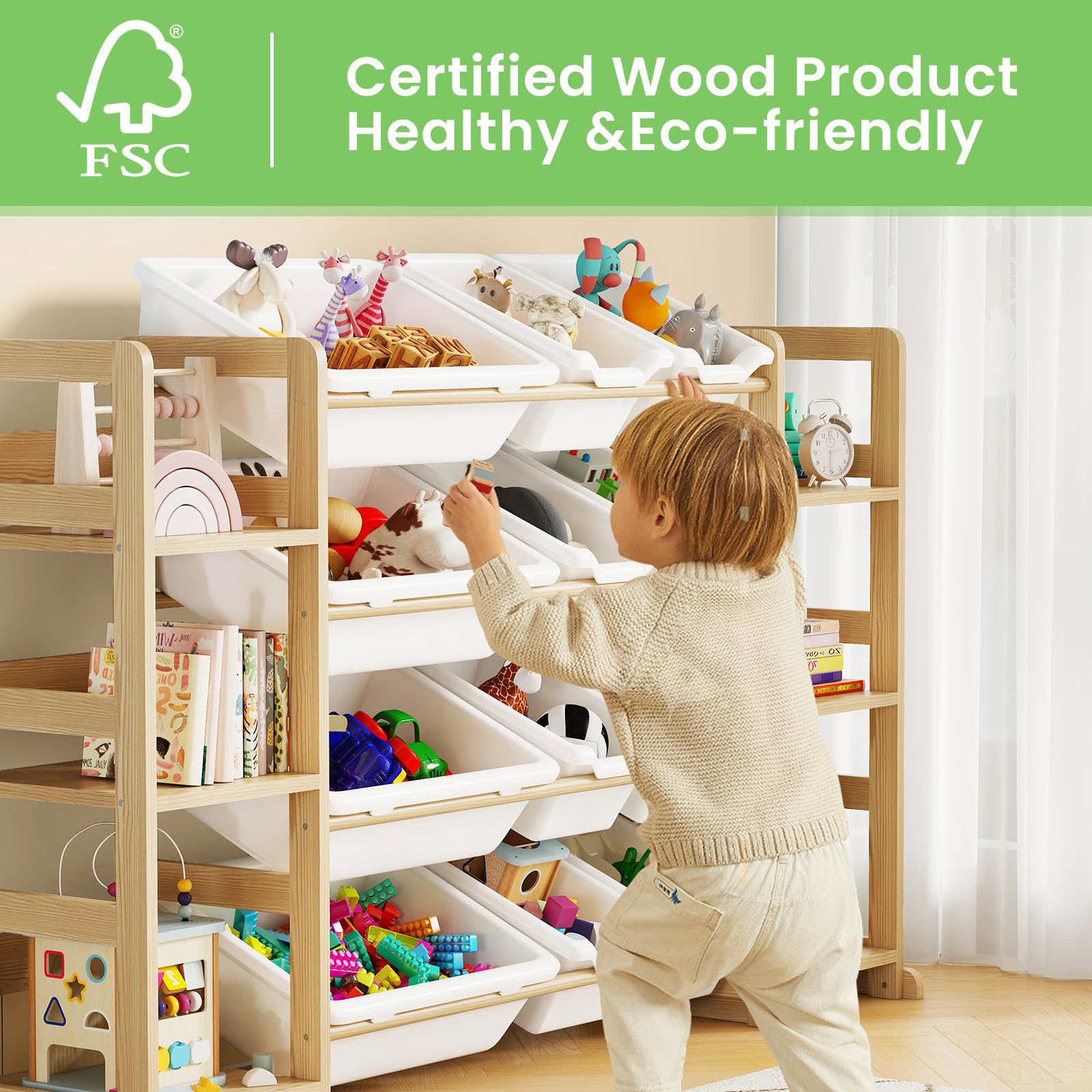EXPERLAM wooden toy storage with bins and shelves demonstrates versatile classification and neat playroom organization.