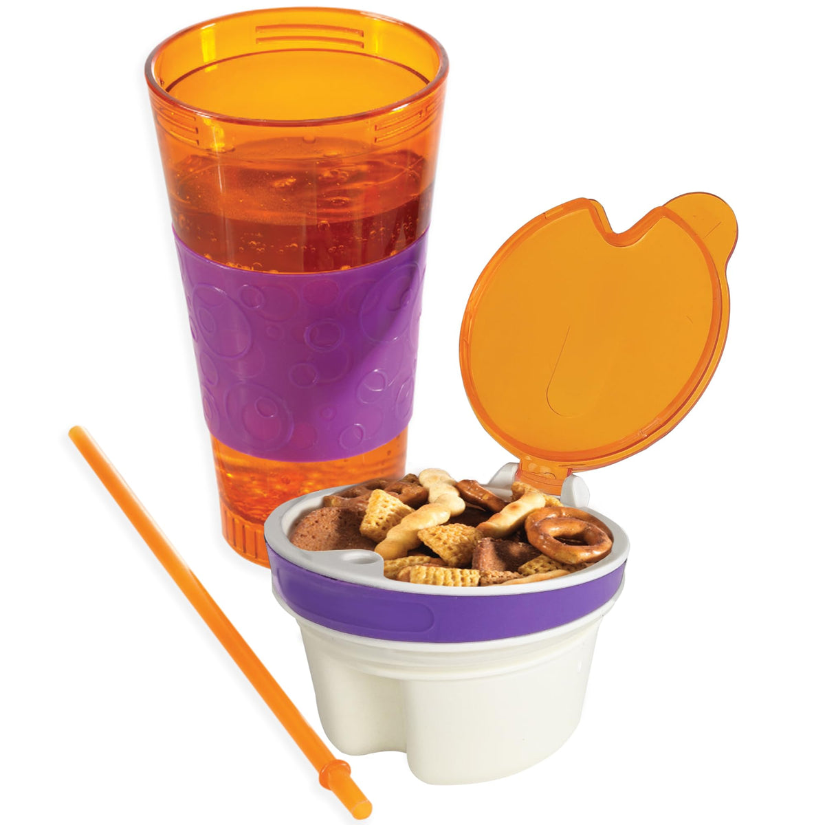 EXULTIMATE 2-in-1 snack and drink cup side view for mess-free on-the-go use.