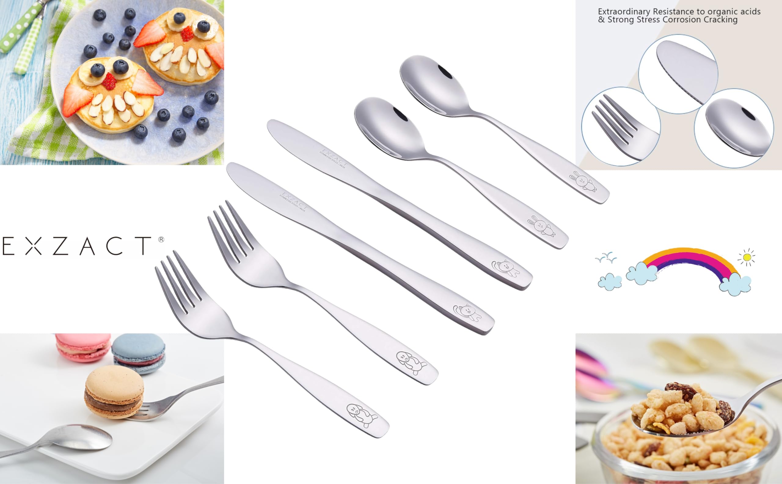 Exzact children's flatware cat design encourages independent eating with playful visuals