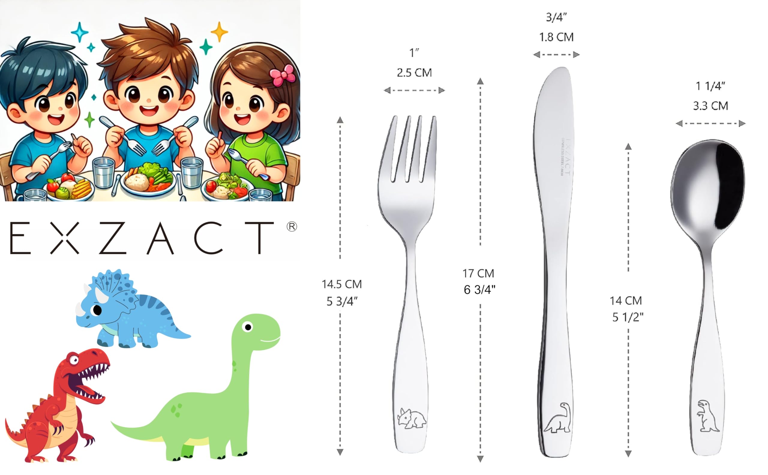 Exzact Kids Flatware dinosaur-engraved spoons for small mouths.