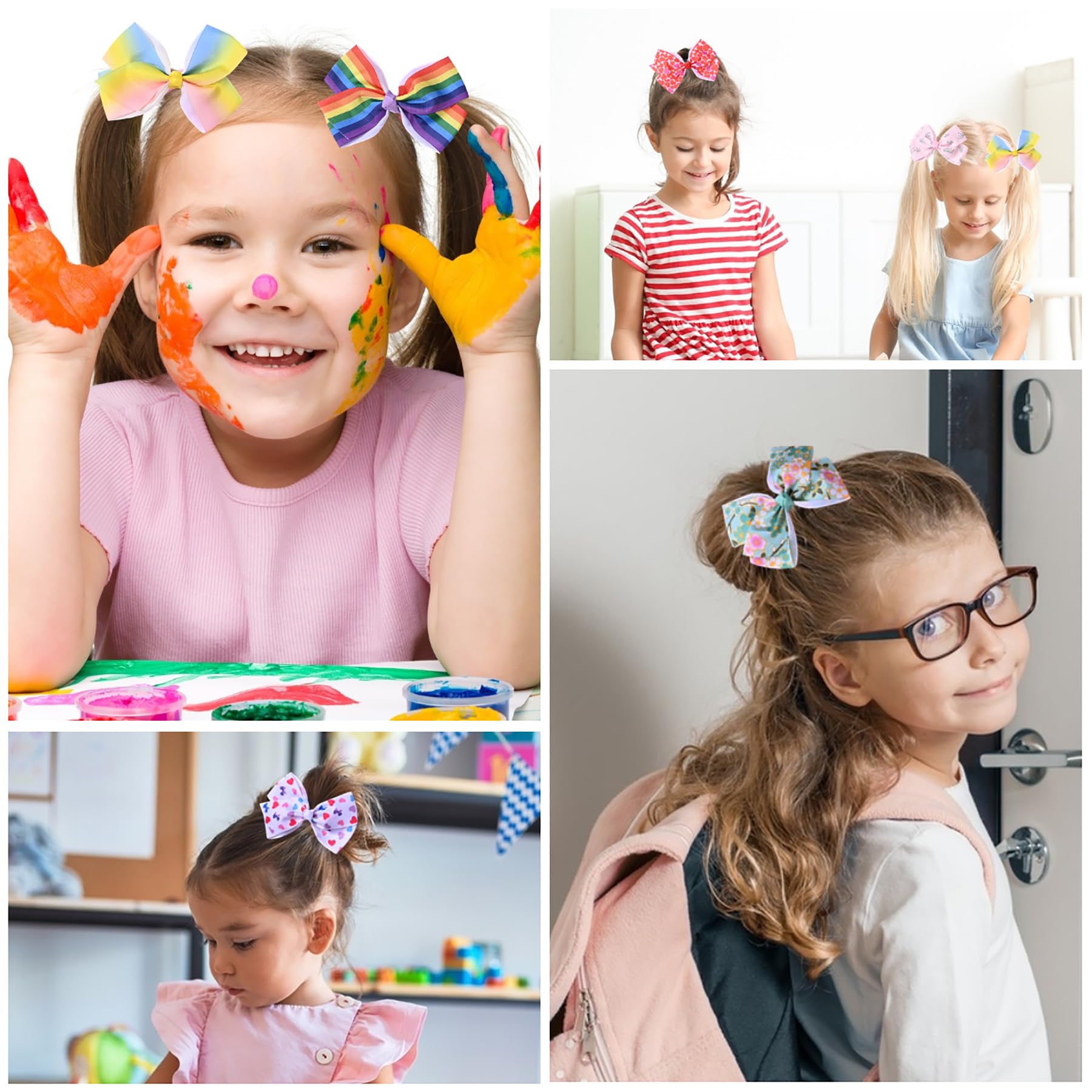 Eyegla rainbow bows on girl, versatile for photos and everyday looks.