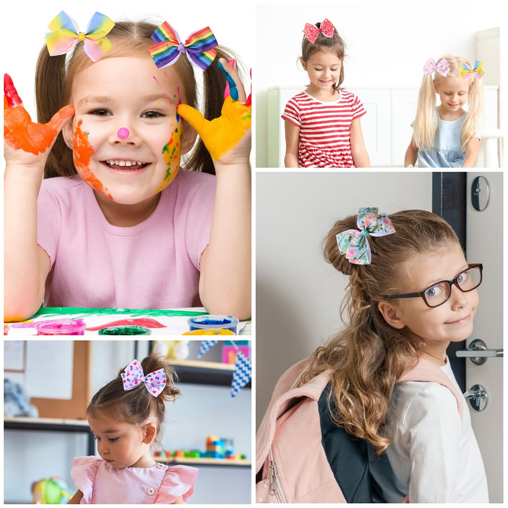 Eyegla rainbow bows on girl, versatile for photos and everyday looks.