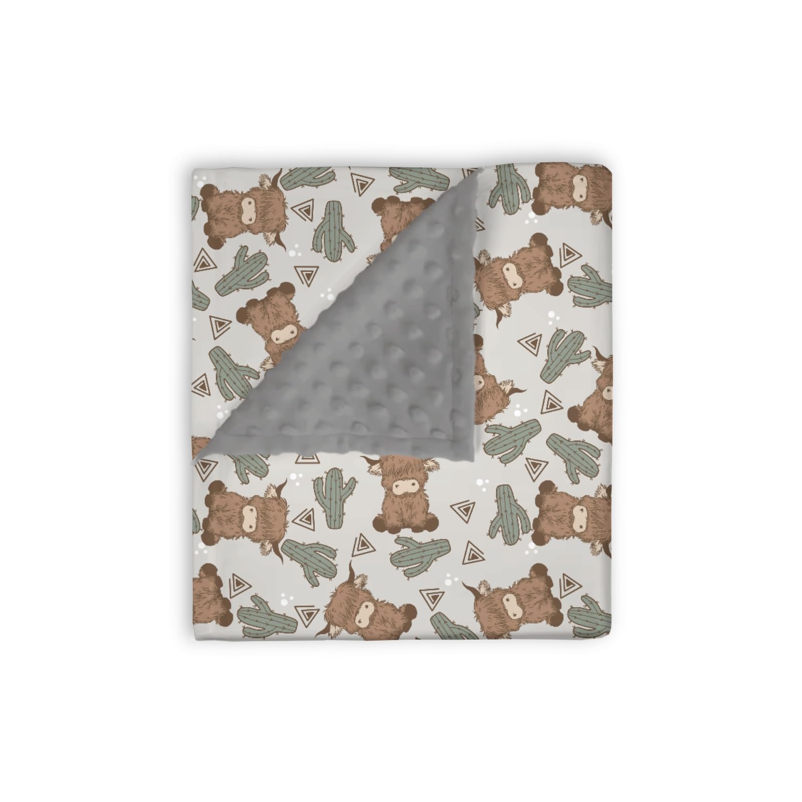 EyMzcod Mink Baby Blanket front view with gray boho cow and cactus pattern for nursery decor.
