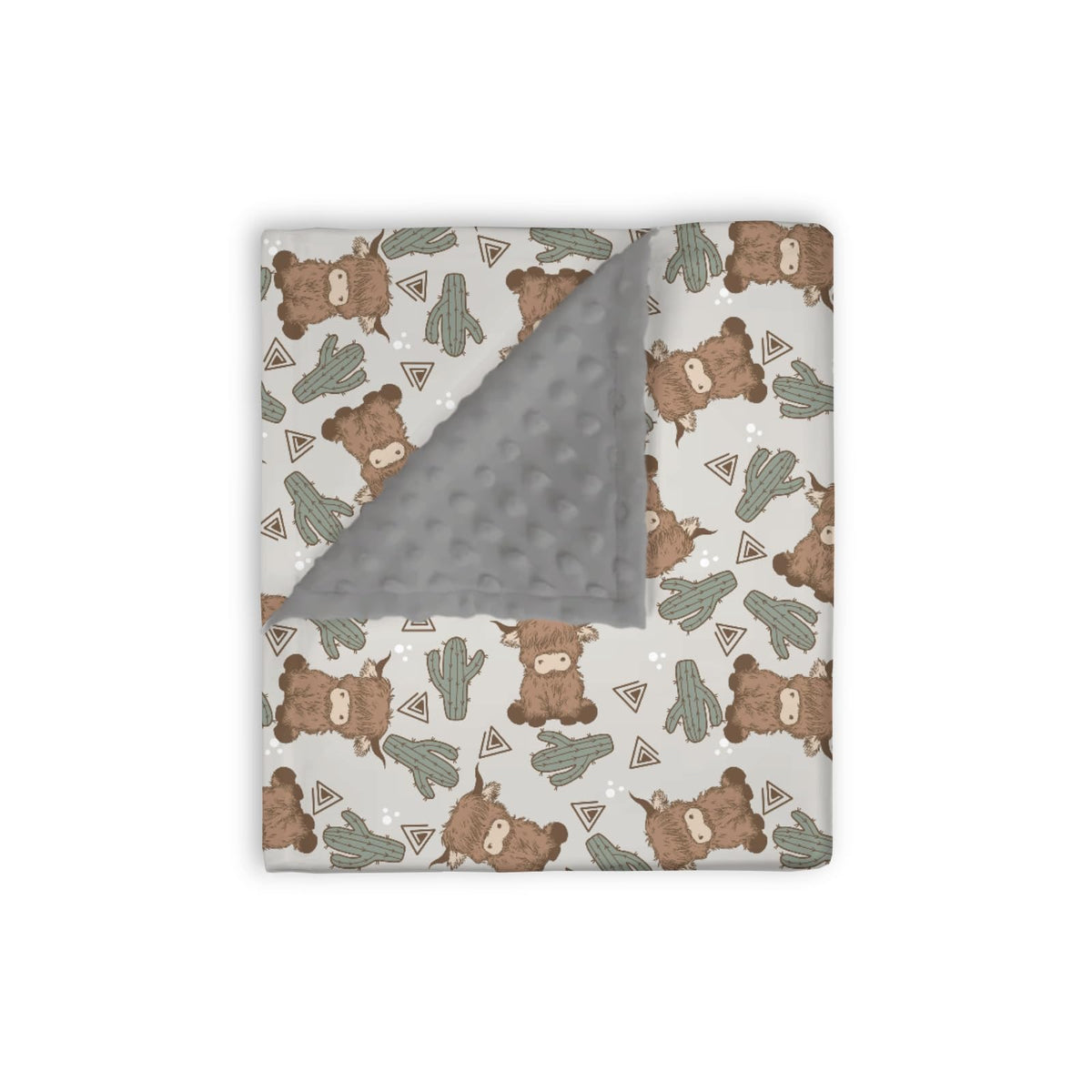EyMzcod Mink Baby Blanket front view with gray boho cow and cactus pattern for nursery decor.