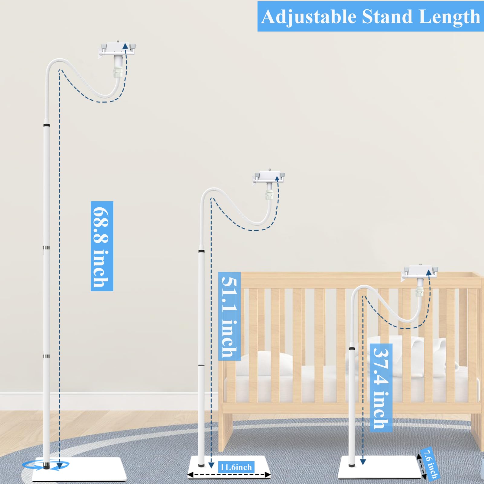 EYSAFT stand positioned near the crib to keep camera cords away.