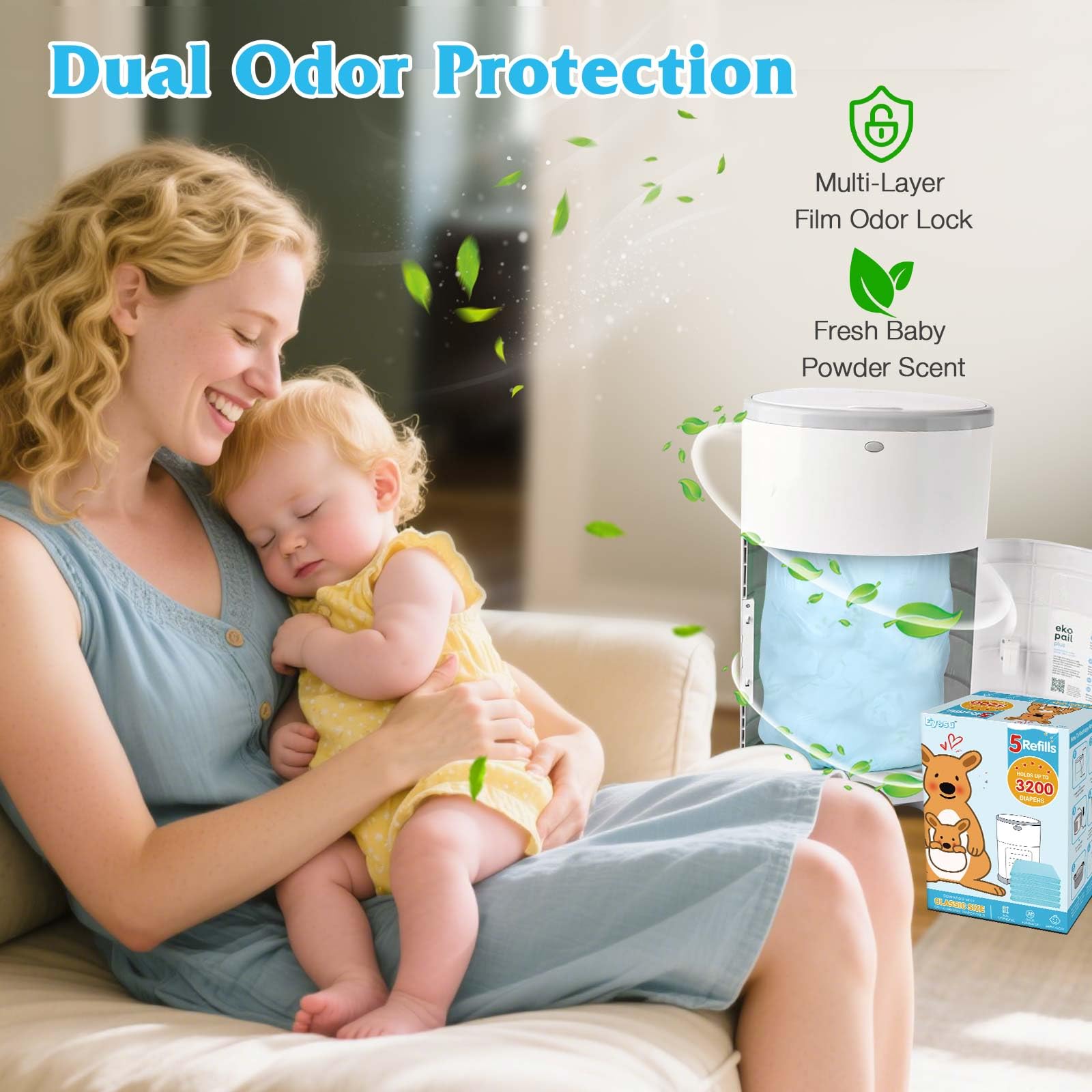 Eyssu baby powder scent adds gentle freshness to the room during changes.