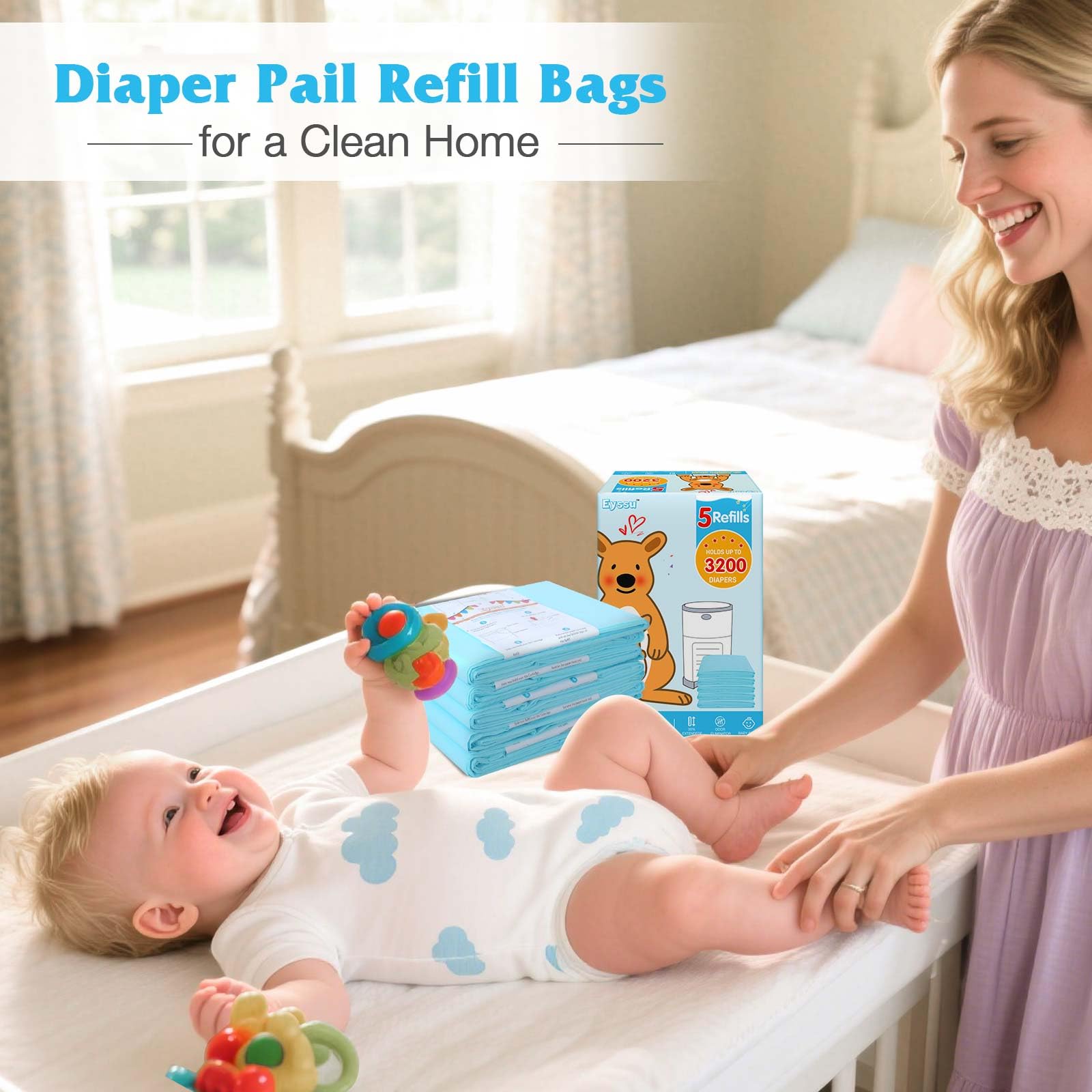Eyssu holds up to 3200 diapers with fewer refill requirements.