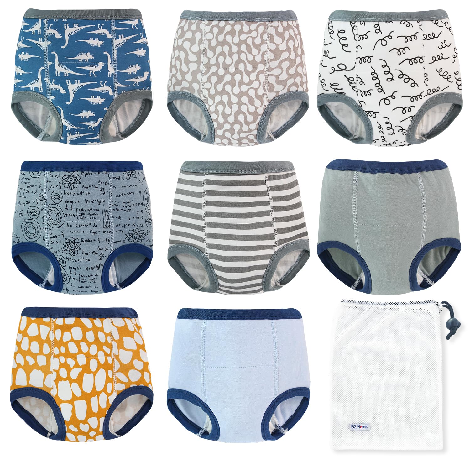 EZ Moms 8-pack potty training underwear fabric close-up with cotton and leakproof layer for dry comfort.