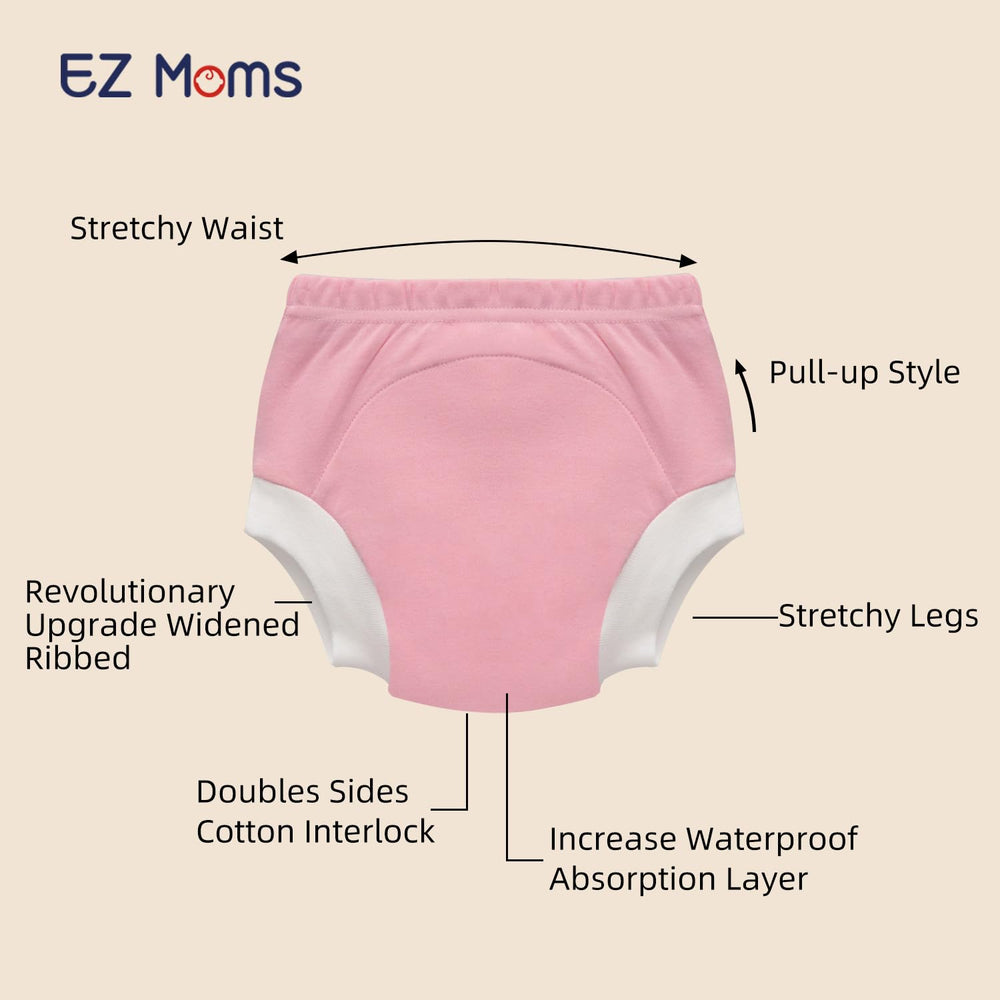 EZ Moms 9-layer absorbent design diagram highlighting leak protection during potty training