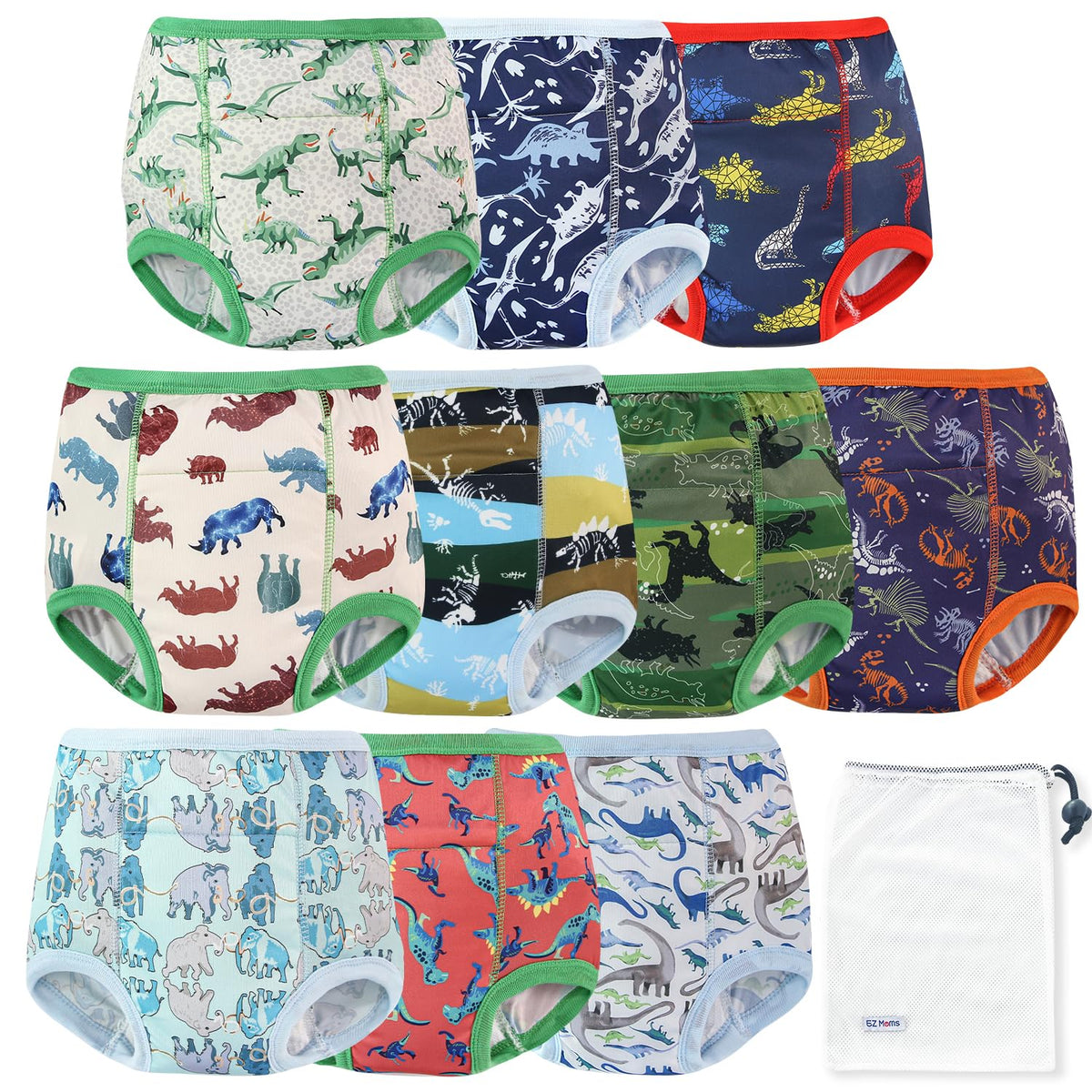 EZ Moms dinosaur-prints training pants close-up showing colorful designs that engage toddlers during potty training.