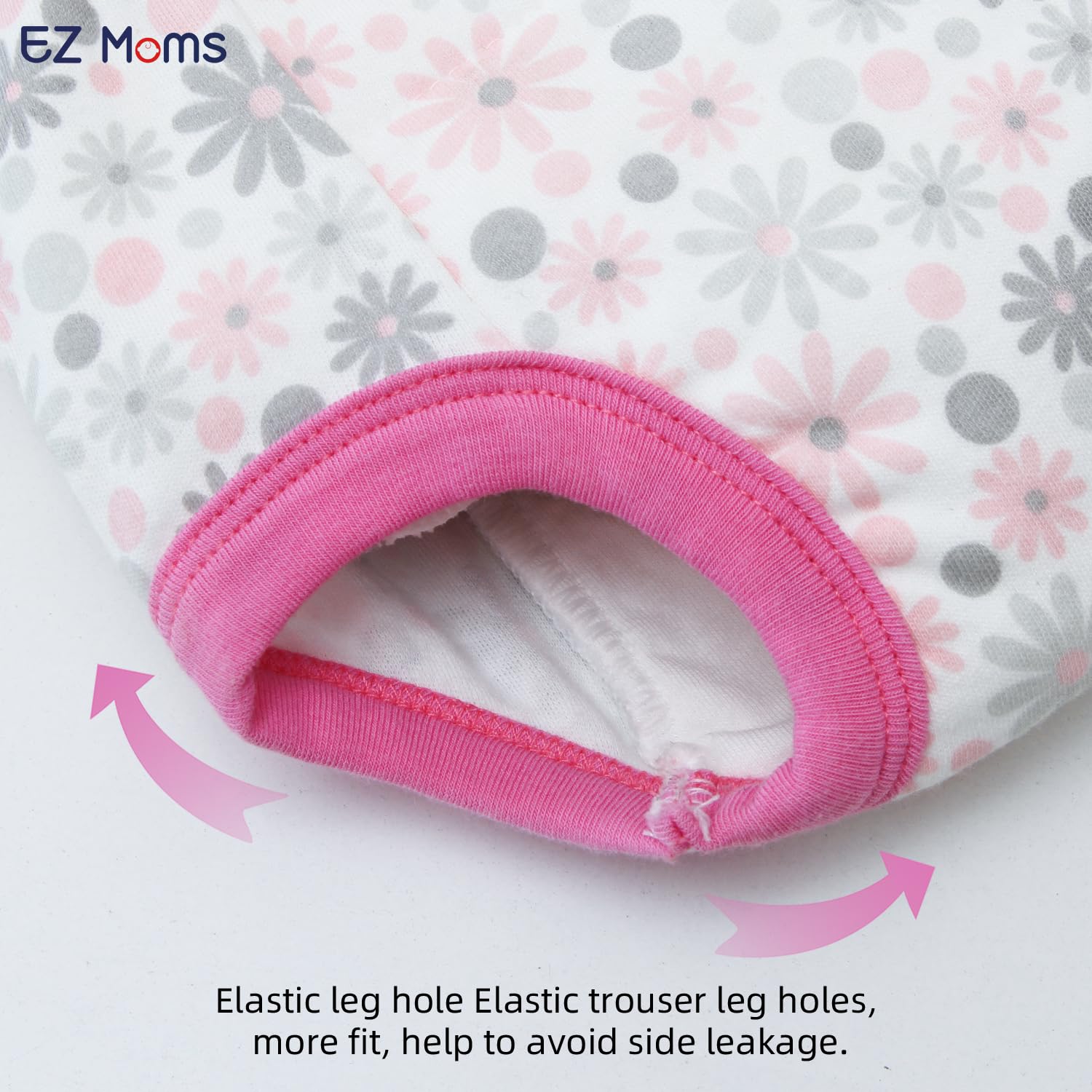 EZ Moms elastic waistband and leg holes close-up for flexible, snug fit.
