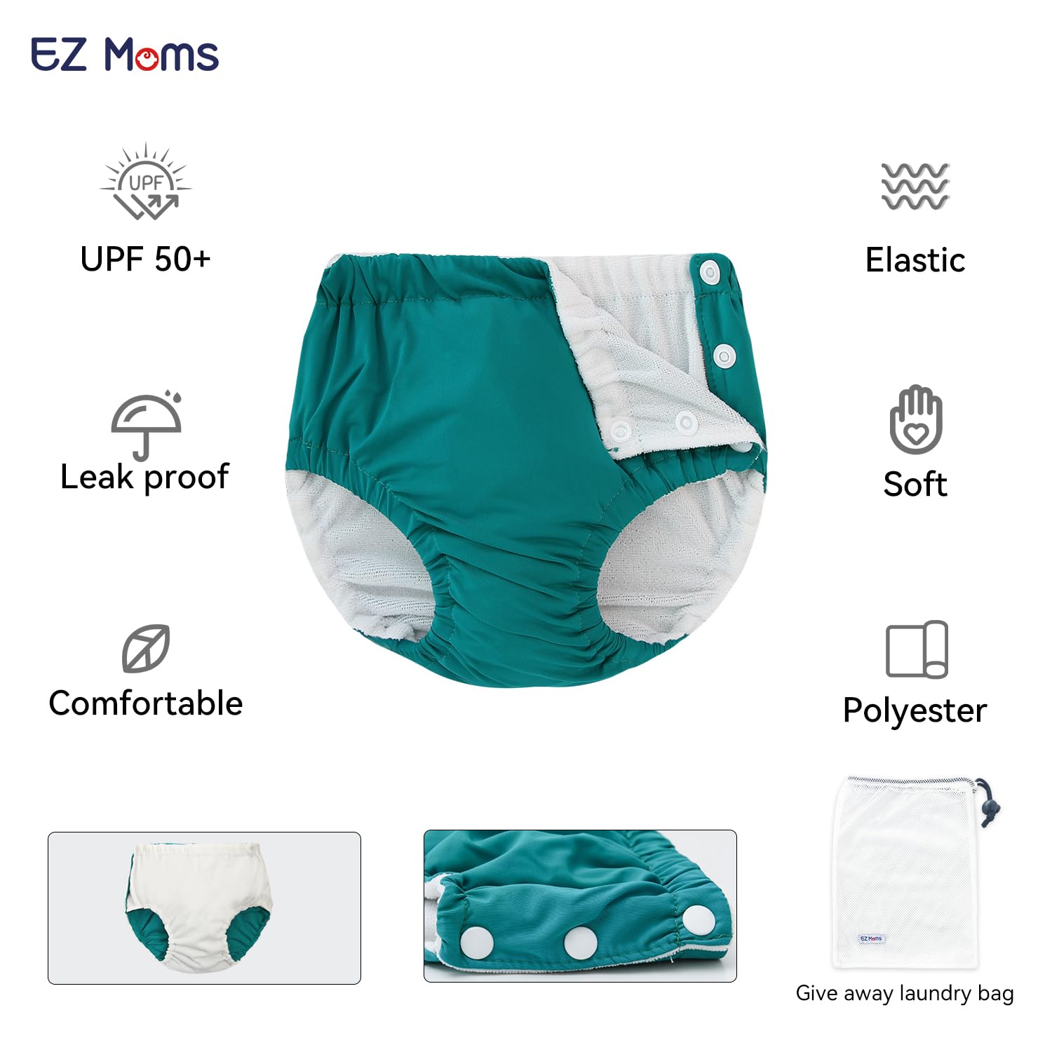 EZ Moms swim diapers adjustable waistband and leg cuffs keep babies snug during active water play.