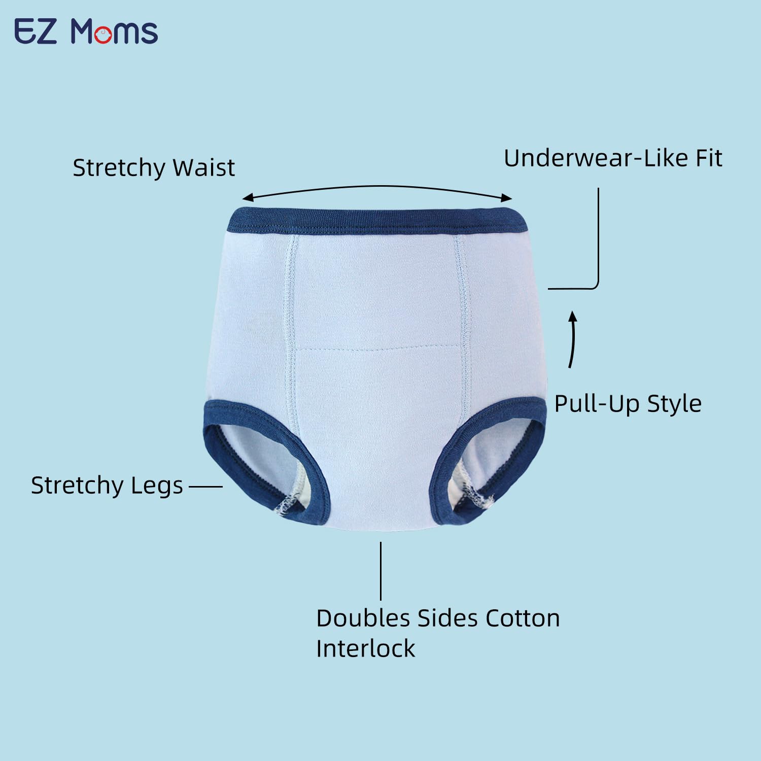 EZ Moms training pants showcase four playful prints for engaging potty sessions.