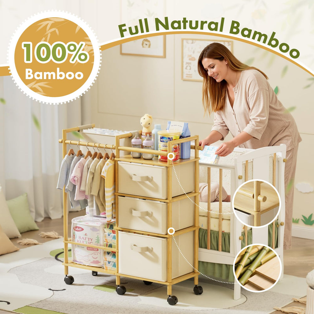 EZ2LIVE bamboo diaper caddy cart in-use with bottles and creams for easy access.