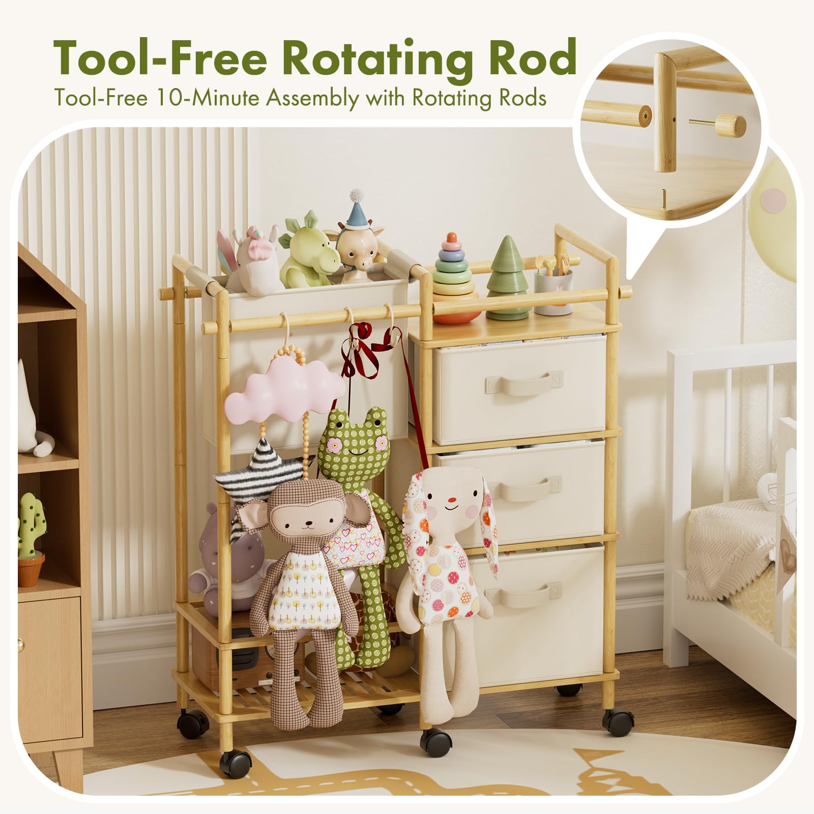 EZ2LIVE bamboo diaper caddy cart wheels enabling smooth mobility around nursery.
