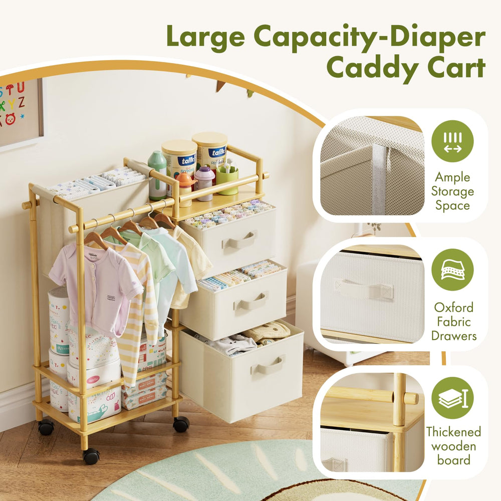 EZ2LIVE bamboo diaper caddy cart drawers store towels and clothes efficiently.
