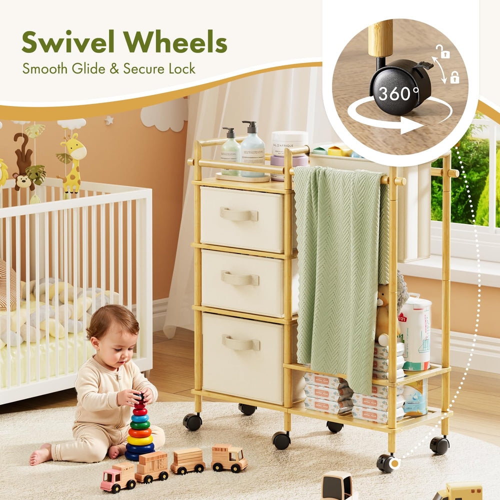 EZ2LIVE bamboo diaper caddy cart open shelf holds diapers and tissues.