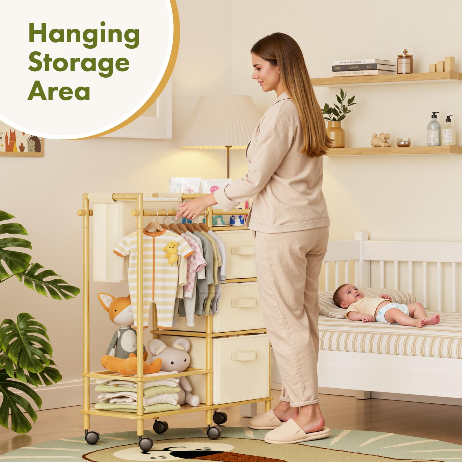 EZ2LIVE bamboo diaper caddy cart rails hold bottles and creams securely.