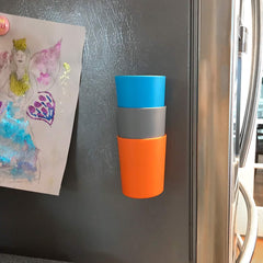 EZTOTZ EZCUP on fridge for convenient water breaks during busy mornings.
