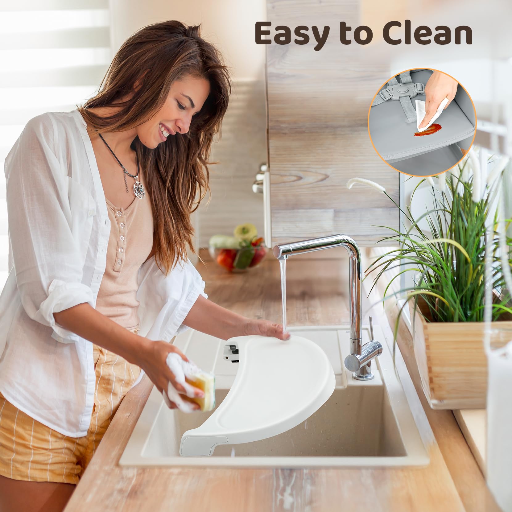 Ezebaby dishwasher-safe tray simplifies cleanup after meals.
