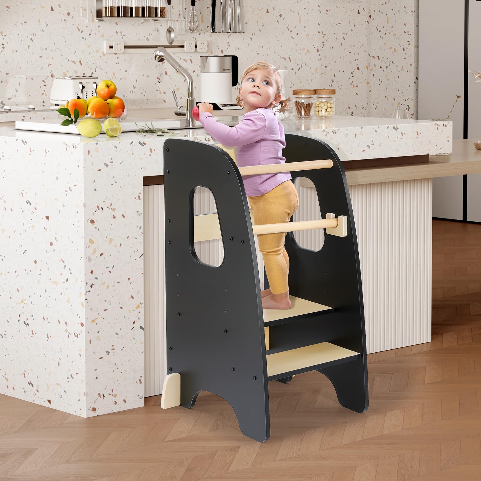 Ezebaby anti-tip-base toddler kitchen stool provides stable support during countertop tasks.