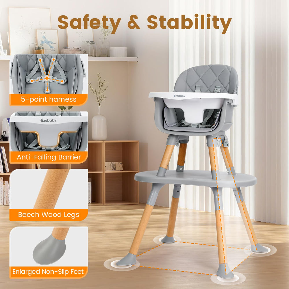 Ezebaby high chair with a 5-point harness for secure seating.