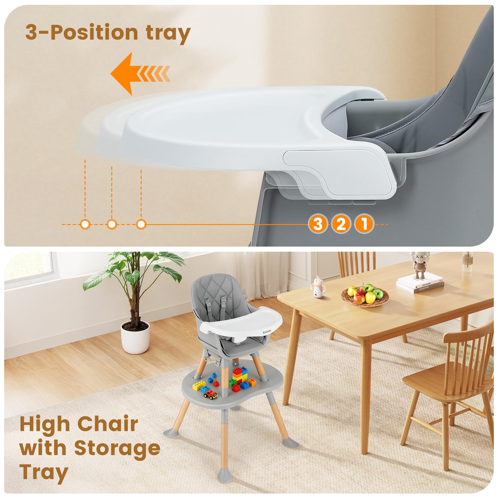 Ezebaby high chair tray is dishwasher-safe for easy cleaning.