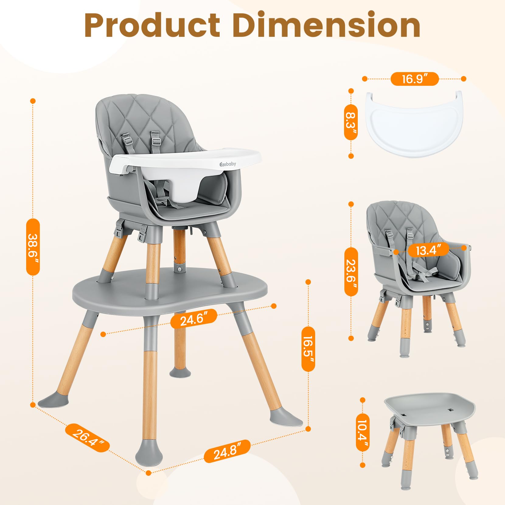 Ezebaby wooden pyramid-base high chair for stable support.