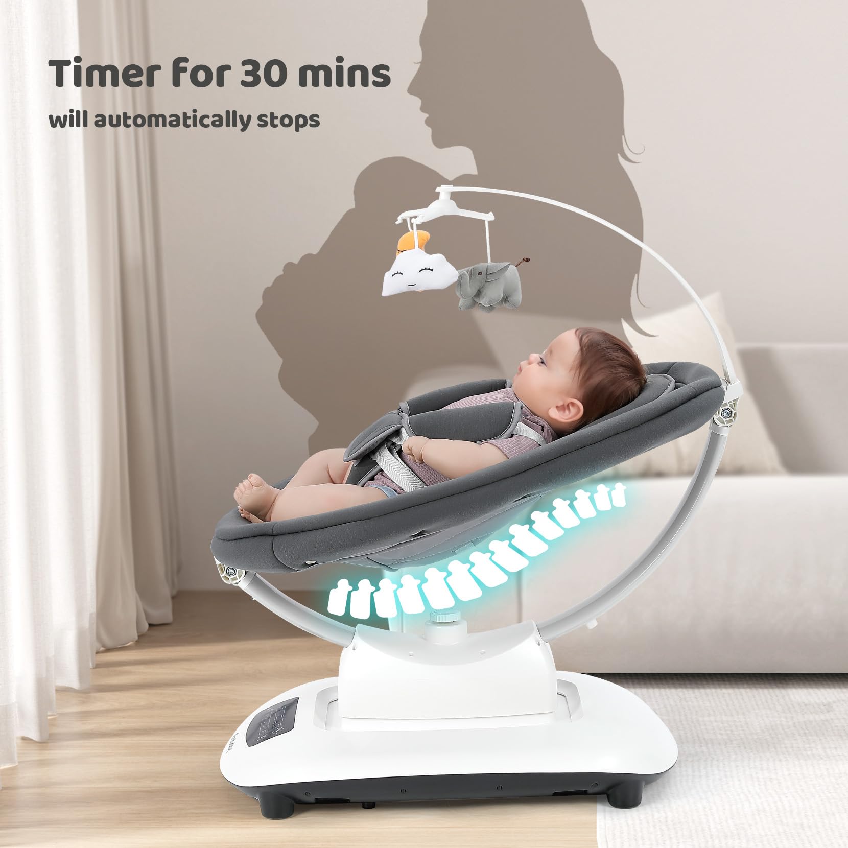 Ezebaby swing includes hanging pendants for visual and tactile stimulation