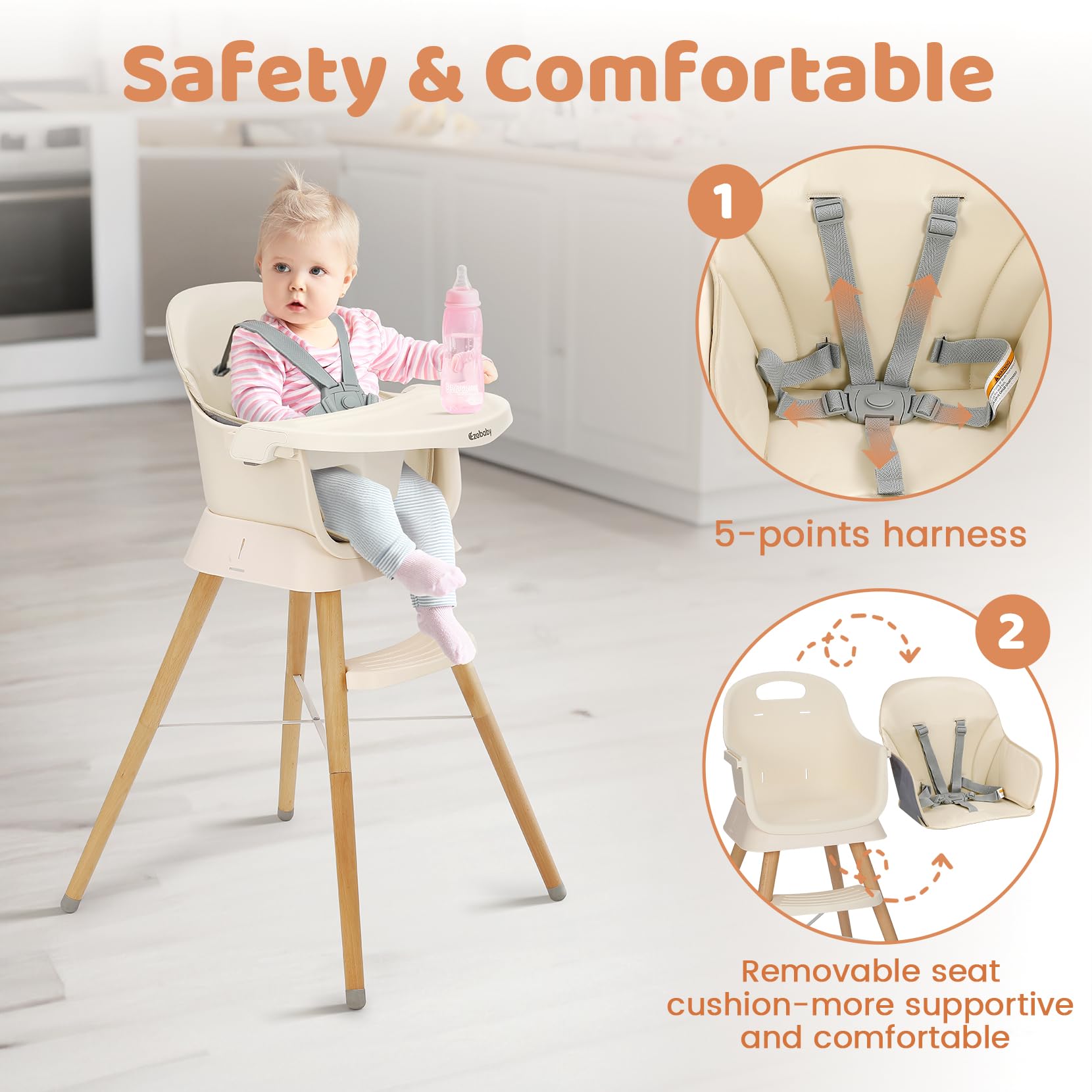 Ezebaby High Chair adjustable legs show customizable height for table seating.