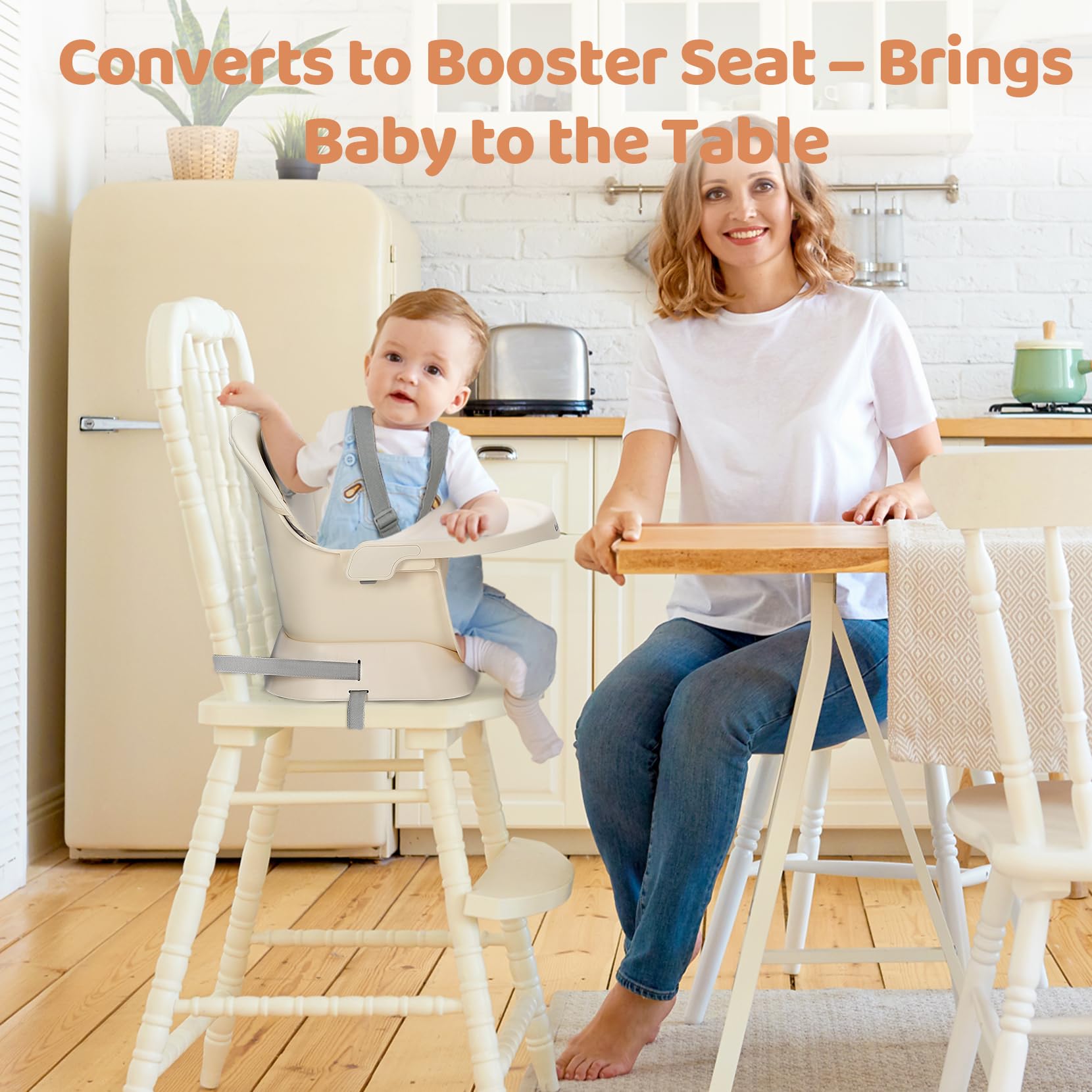 Ezebaby High Chair natural beech legs add elegant, sturdy design.