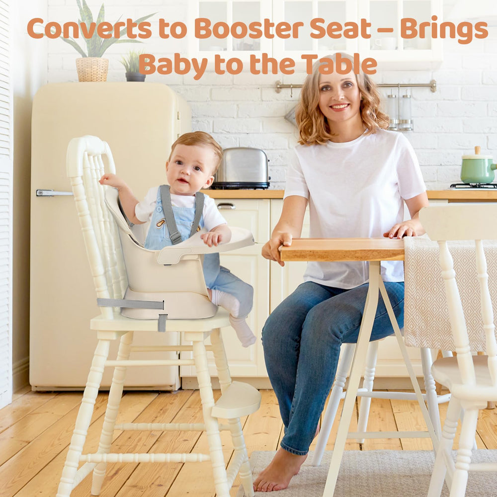 Ezebaby High Chair natural beech legs add elegant, sturdy design.